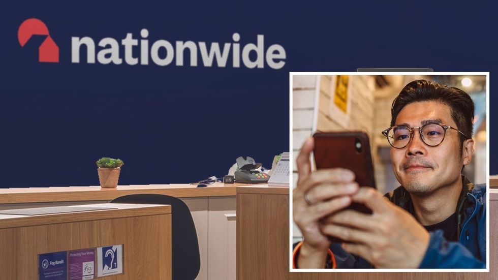 Nationwide Building Society logo and person using mobile app