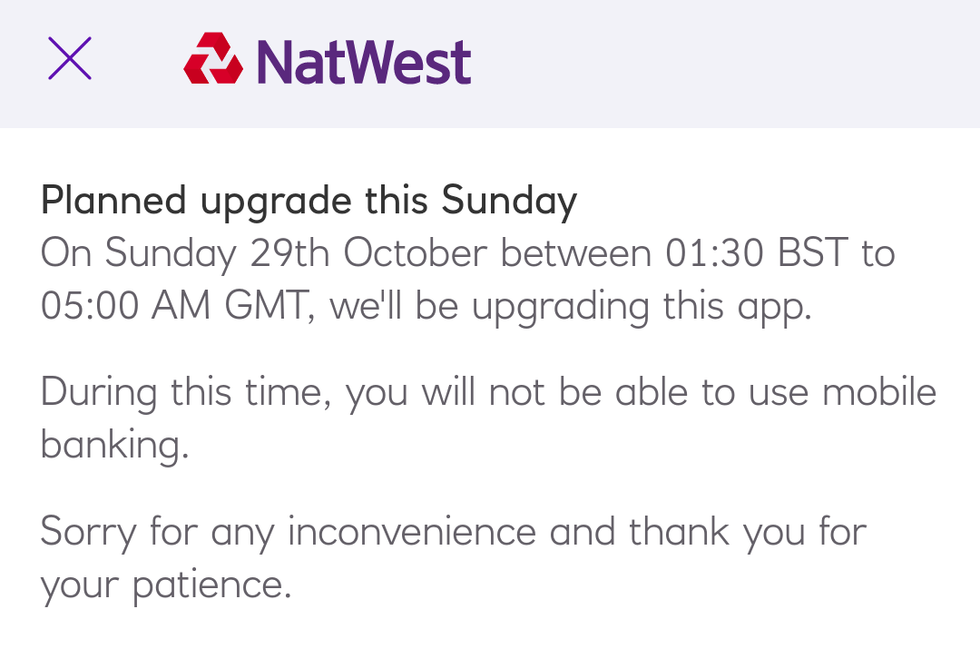 NatWest message about mobile banking app upgrade