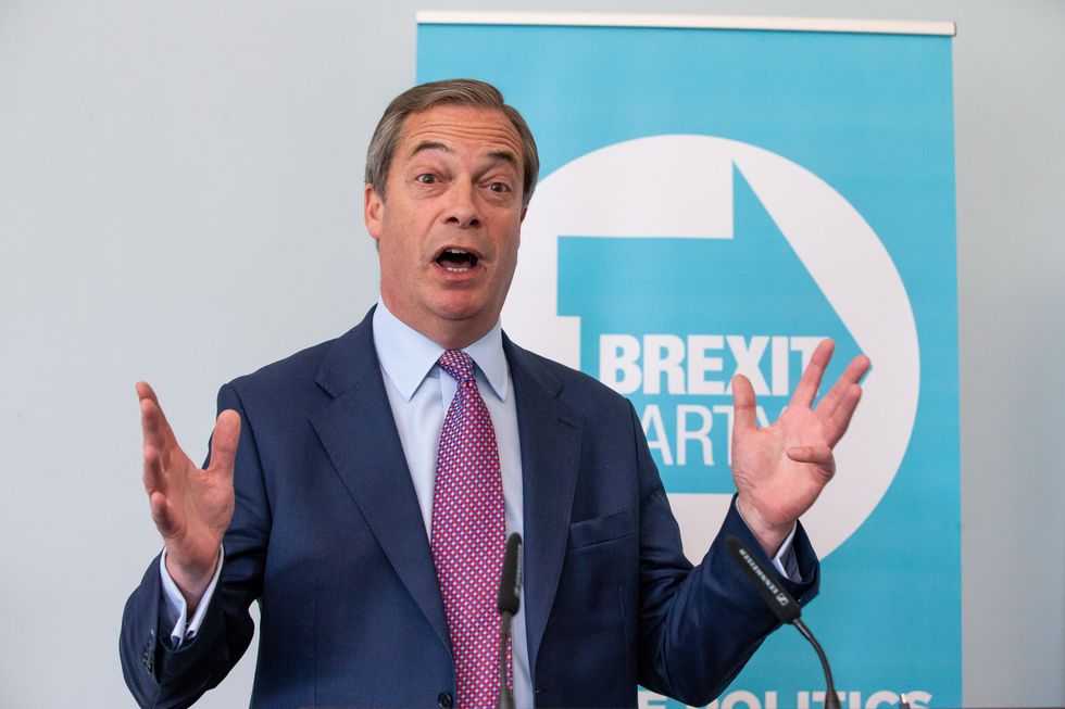 Nigel Farage addresses the media during the Brexit Party's first press conference of the European election campaign on May 07, 2019