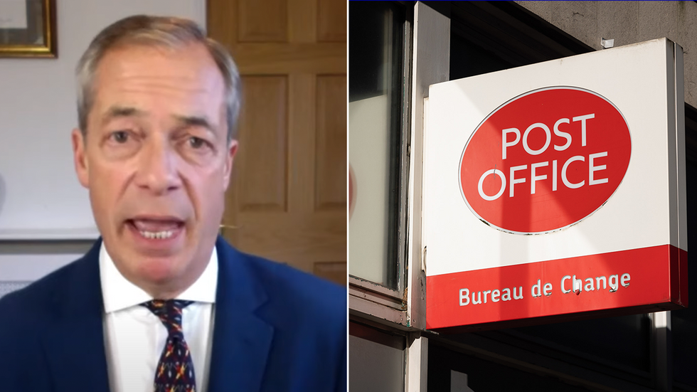 Nigel Farage and a Post Office sign