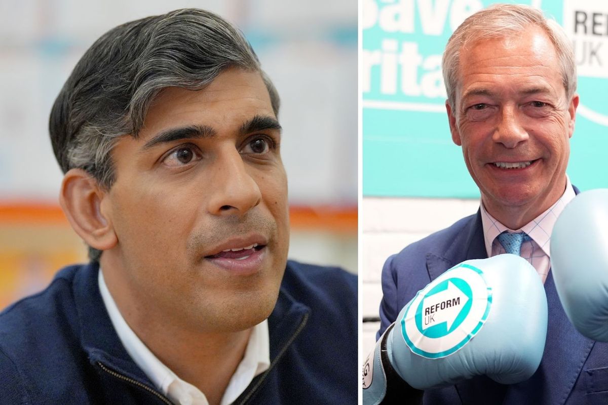 Nigel Farage in Reform UK campaign pictures and Conservative Party leader Rishi Sunak on campaign visit