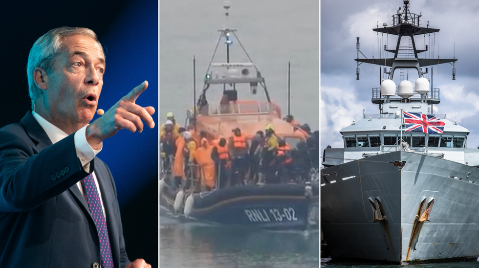 Nigel Farage (left), illegal migrants (centre), Royal Navy (right)