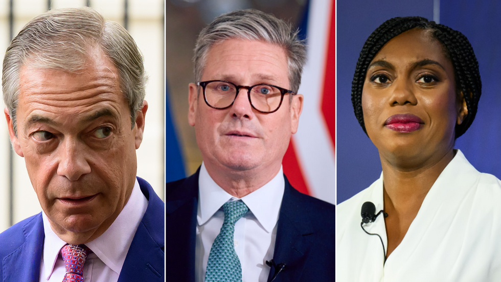 Nigel Farage (left), Keir Starmer (centre), Kemi Badenoch (right)