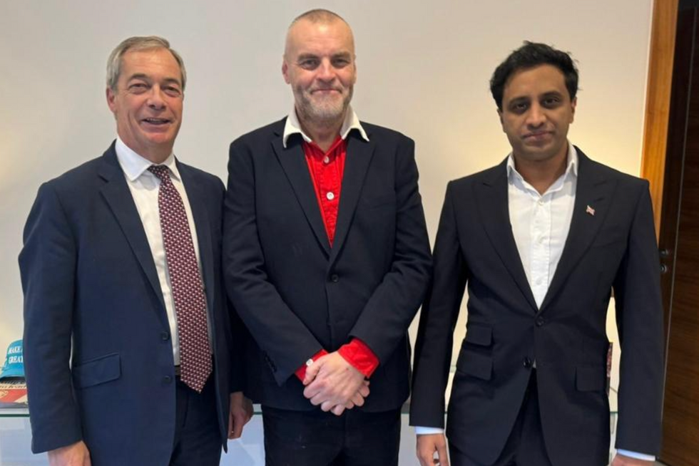 Nigel Farage (left), u200bTim Montgomerie (middle), Zia Yusuf, the chairman of Reform (right)