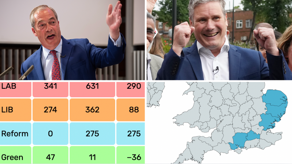 Nigel Farage (top left), Keir Starmer (top right), projected seats (bottom left), UK county council map (bottom right)