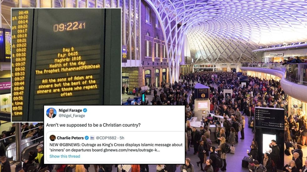 Nigel Farage tweet with inset of signage and King's Cross station