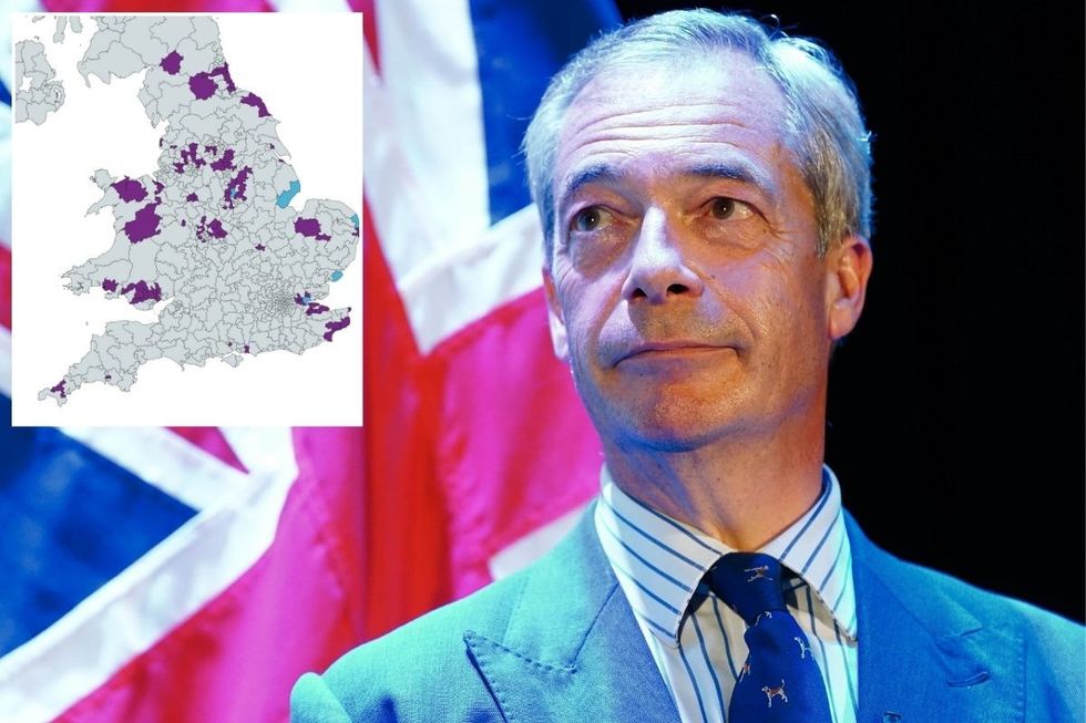 Nigel Farage with an inset of a map showing seats in Reform UK's sights