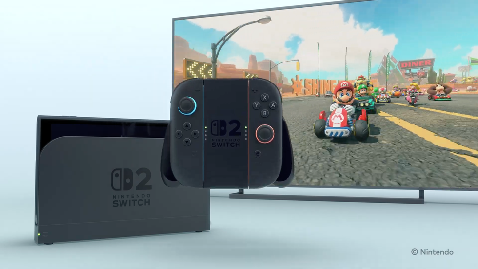 nintendo switch in grip with large screen television in the background