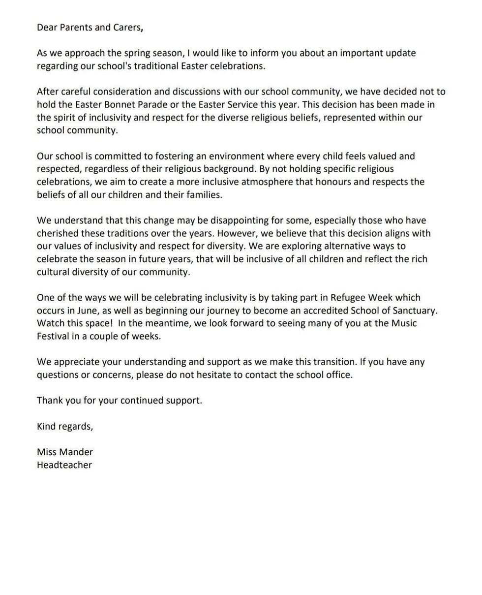 Norwood Primary School letter