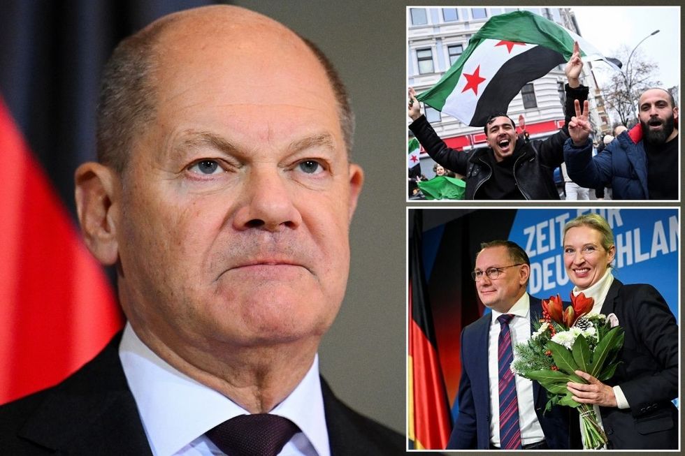 Olaf Scholz with an inset of pro-Syrian protesters and AFD leaders