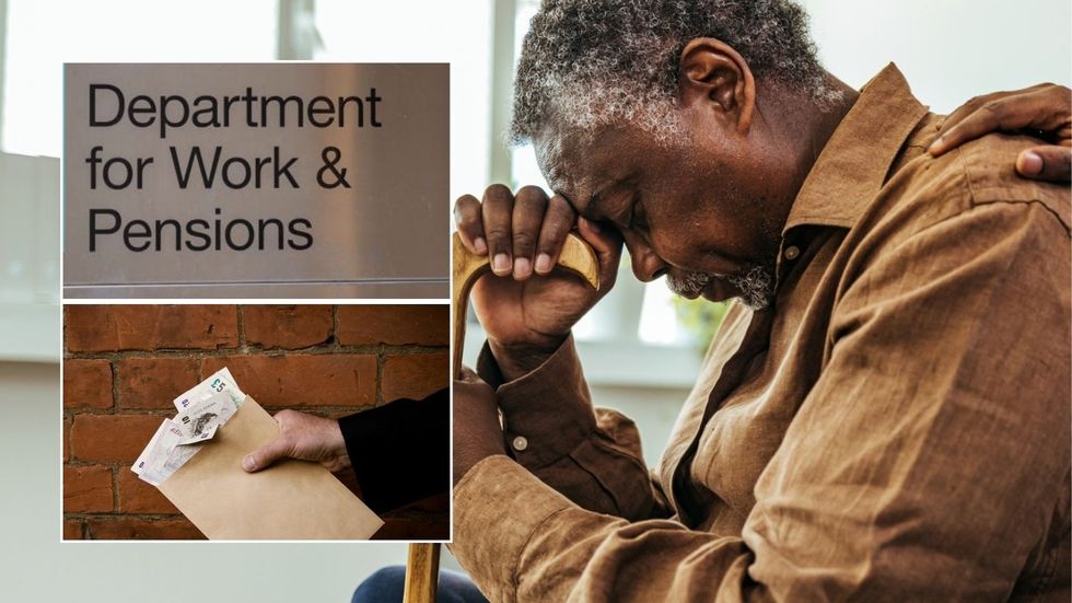 Older man, DWP sign and envelope with money in it