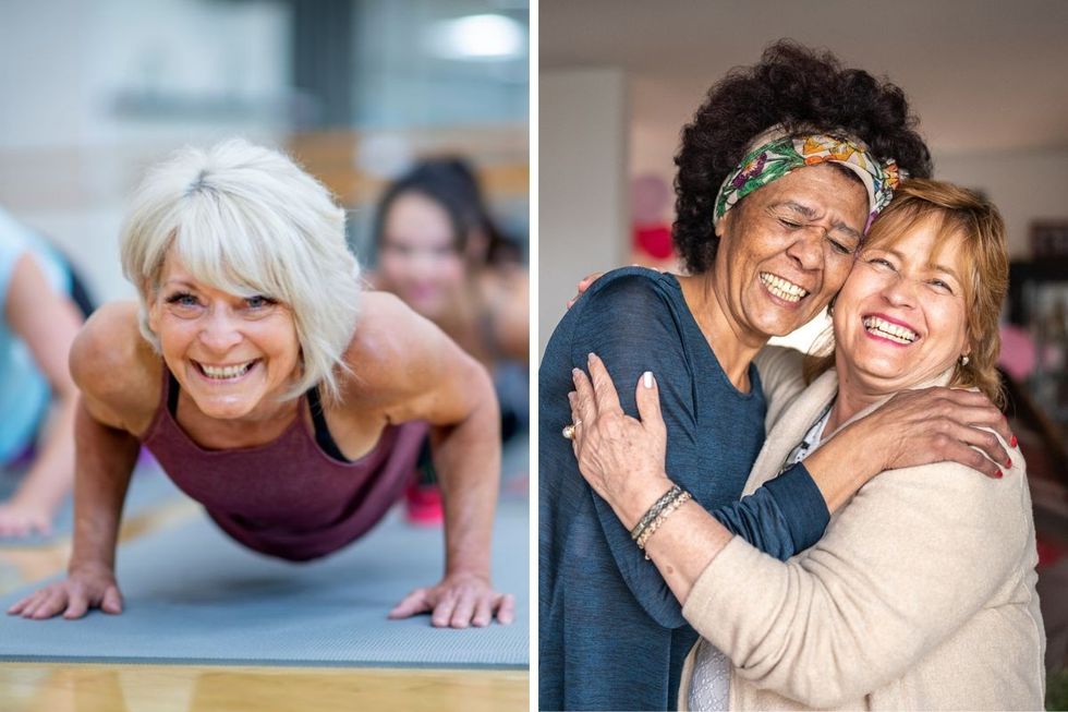 Elderly woman exercising / Elderly women hugging