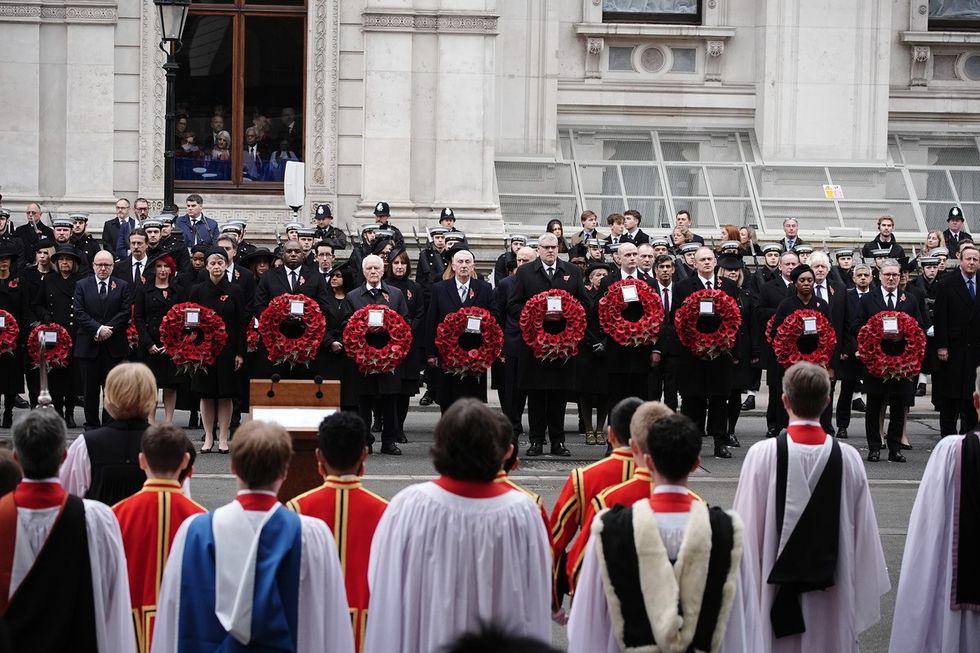 ome Secretary Yvette Cooper, Foreign Secretary David Lammy, Speaker of the House of Lords, Lord McFall, Speaker of the House of Commons, Sir Lindsay Hoyle, DUP leader Gavin Robinson, SNP Westminster leader Stephen Flynn, Liberal Democrat leader Sir Ed Davey, Conservative Party leader Kemi Badenoch and Prime Minister Sir Keir Starmer during the Remembrance Sunday service at the Cenotaph in London