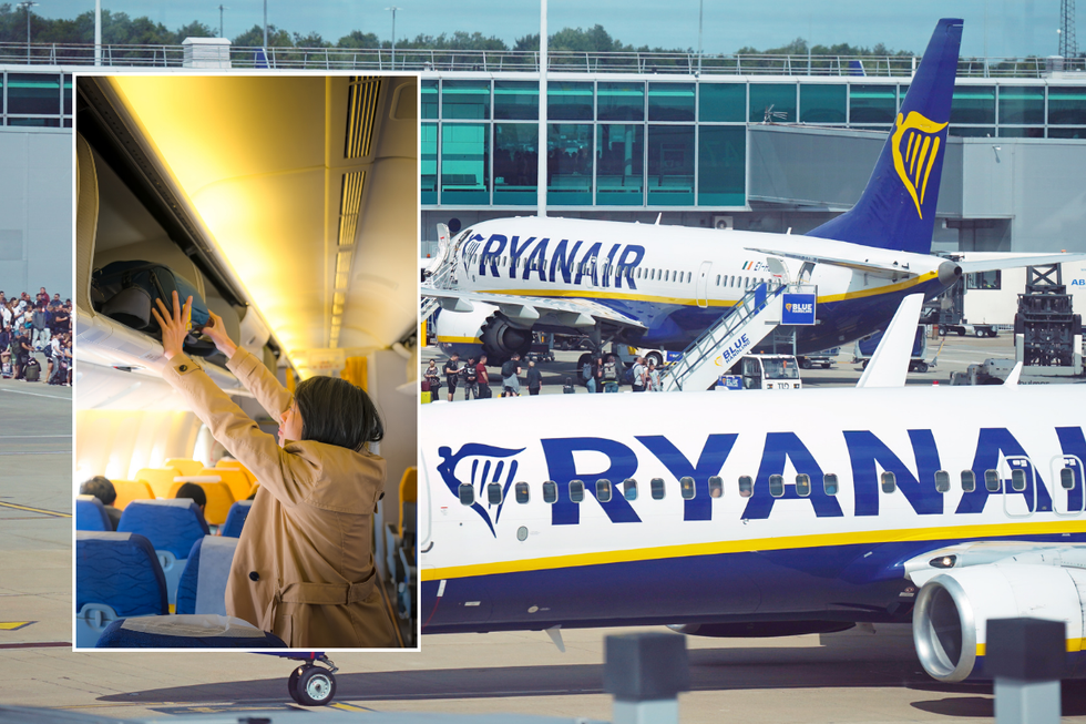 Passenger putting bag in overhead bin/Ryanair plane