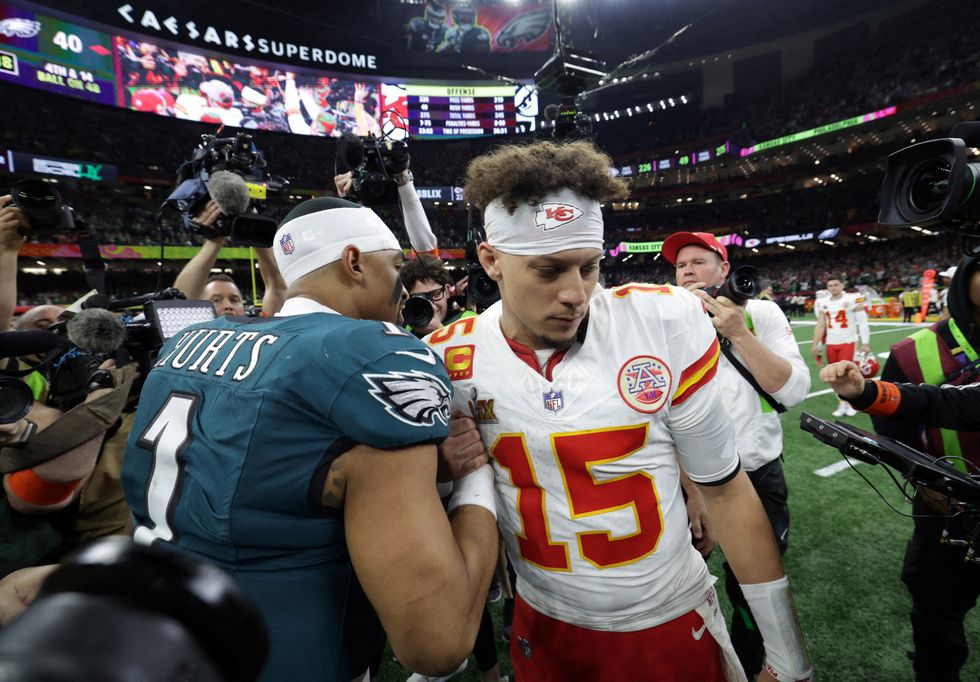 Patrick Mahomes embraced Jalen Hurts after the Super Bowl