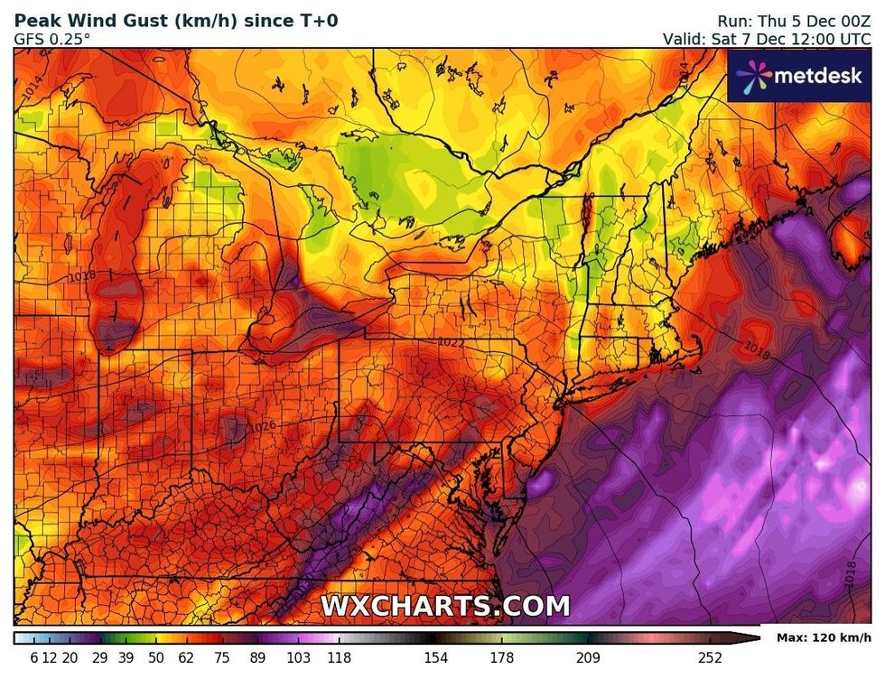 Peak winds across the US, on WXCHARTS