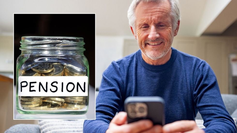 Pension savings and happy man looking at phone