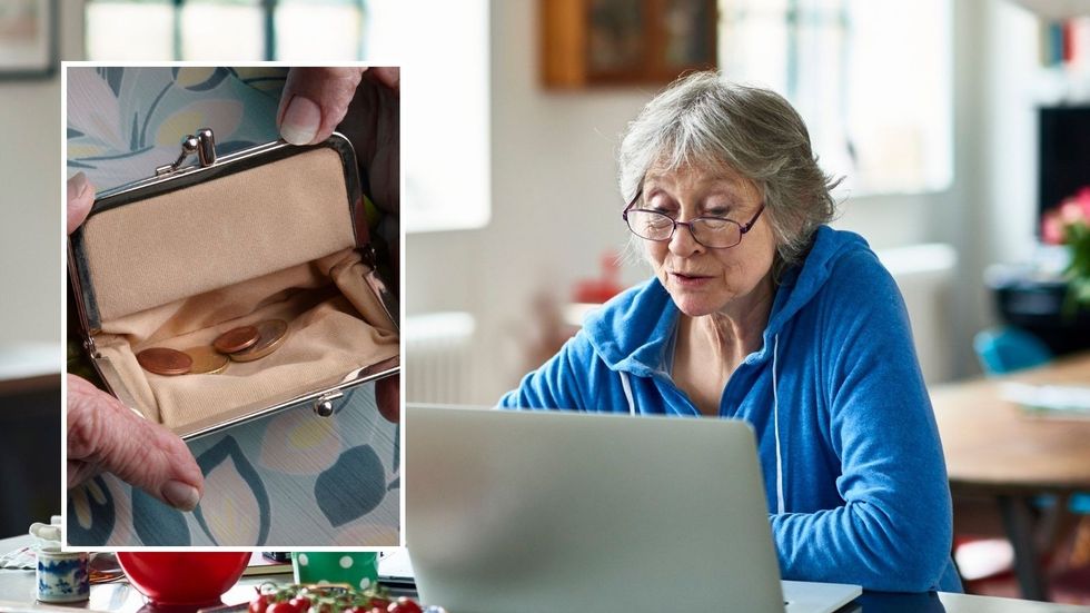 Pensioner on laptop and empty purse