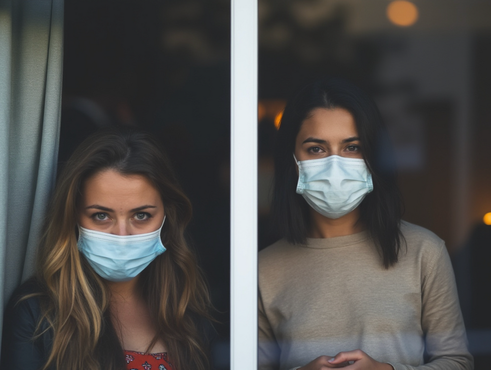 People wearing face masks at a window