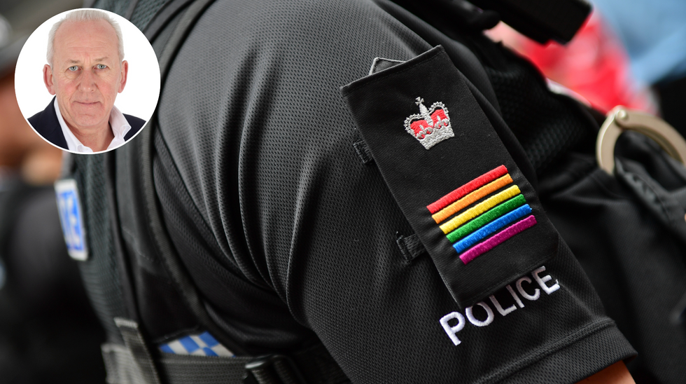 Peter Bleksley (left), policeman at Pride (right)