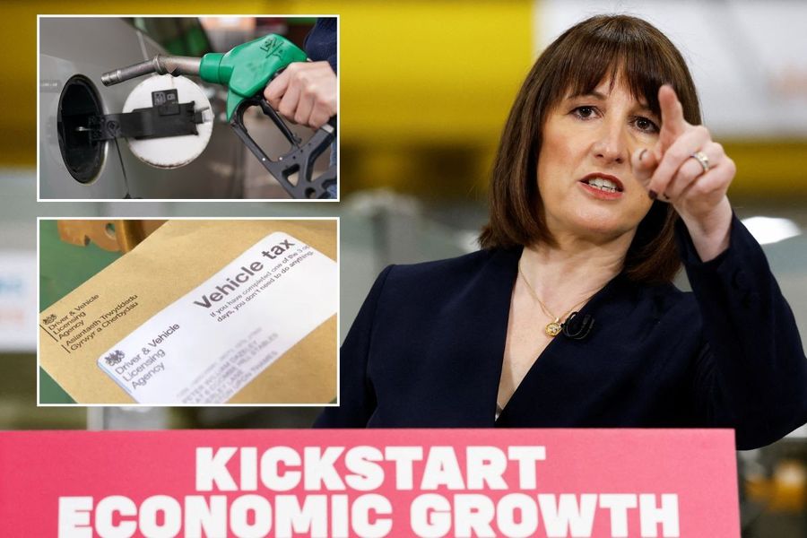 Petrol pump, vehicle tax reminder letter and Chancellor Rachel Reeves