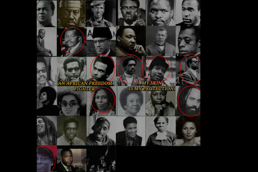 PICTURED: Mumia Abu-Jamal; Black Panther leaders: Huey Newton, Fred Hampton, Bobby Seale, Eldridge Cleaver; Marcus Garvey,  cop-killing fugitive Assata Shakur and Nation of Islam figure Khalid Abdul Muhammad