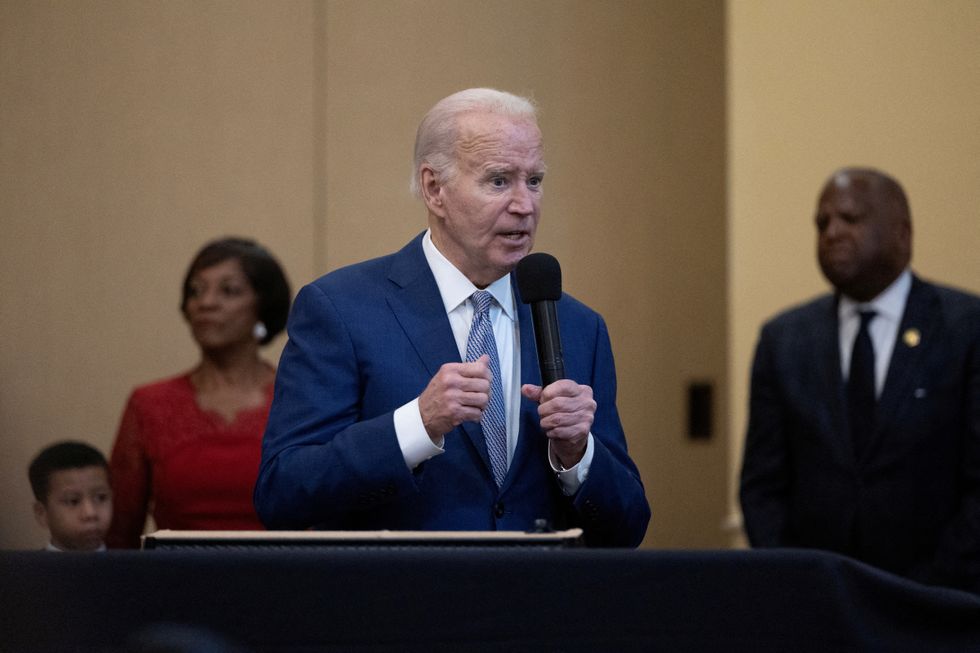 President Joe Biden speaks during a "Sunday Lunch" church event at the Brookland Baptist Banquet Center in West Columbia, South Carolina