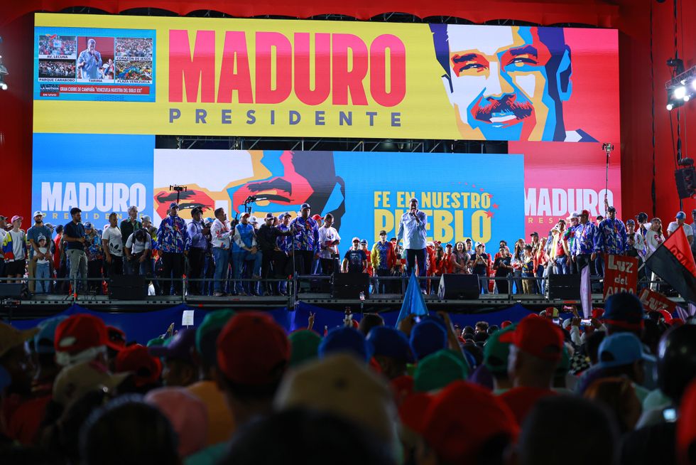 President of Venezuela Nicolas Maduro speaks during the election campaign closing event on July 25, 2024 in Caracas, Venezuela