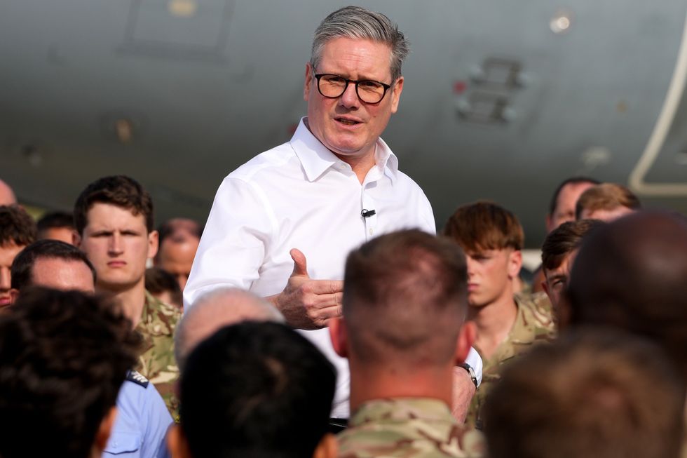 Prime Minister Sir Keir Starmer speaks to soldiers at the RAF base in Akrotiri, Cyprus