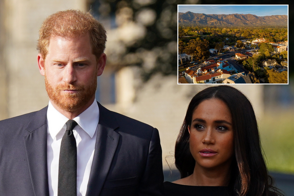 Prince Harry and Meghan Markle with inset of Montecito, California