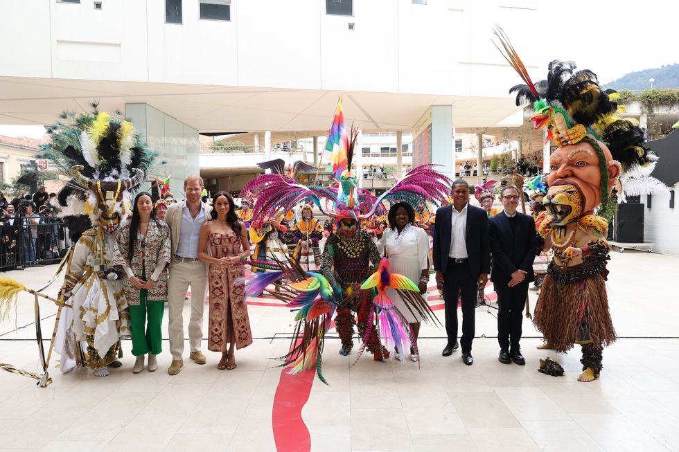 Prince Harry, Duke of Sussex, Meghan, Duchess of Sussex, Colombia Vice President Francia Mu00e1rquez are seen at Centro Nacional de las Artes Delia Zapata