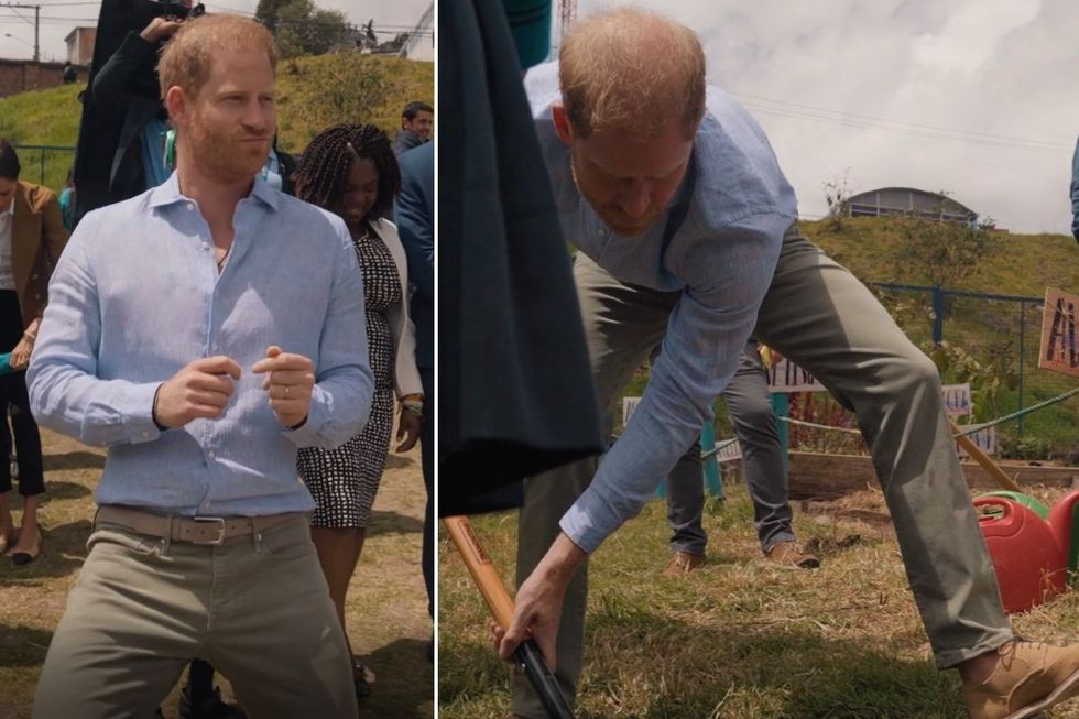 Prince Harry's cheeky 'dad-dancing' moves on show as Sussexes get hands dirty in Colombia tour