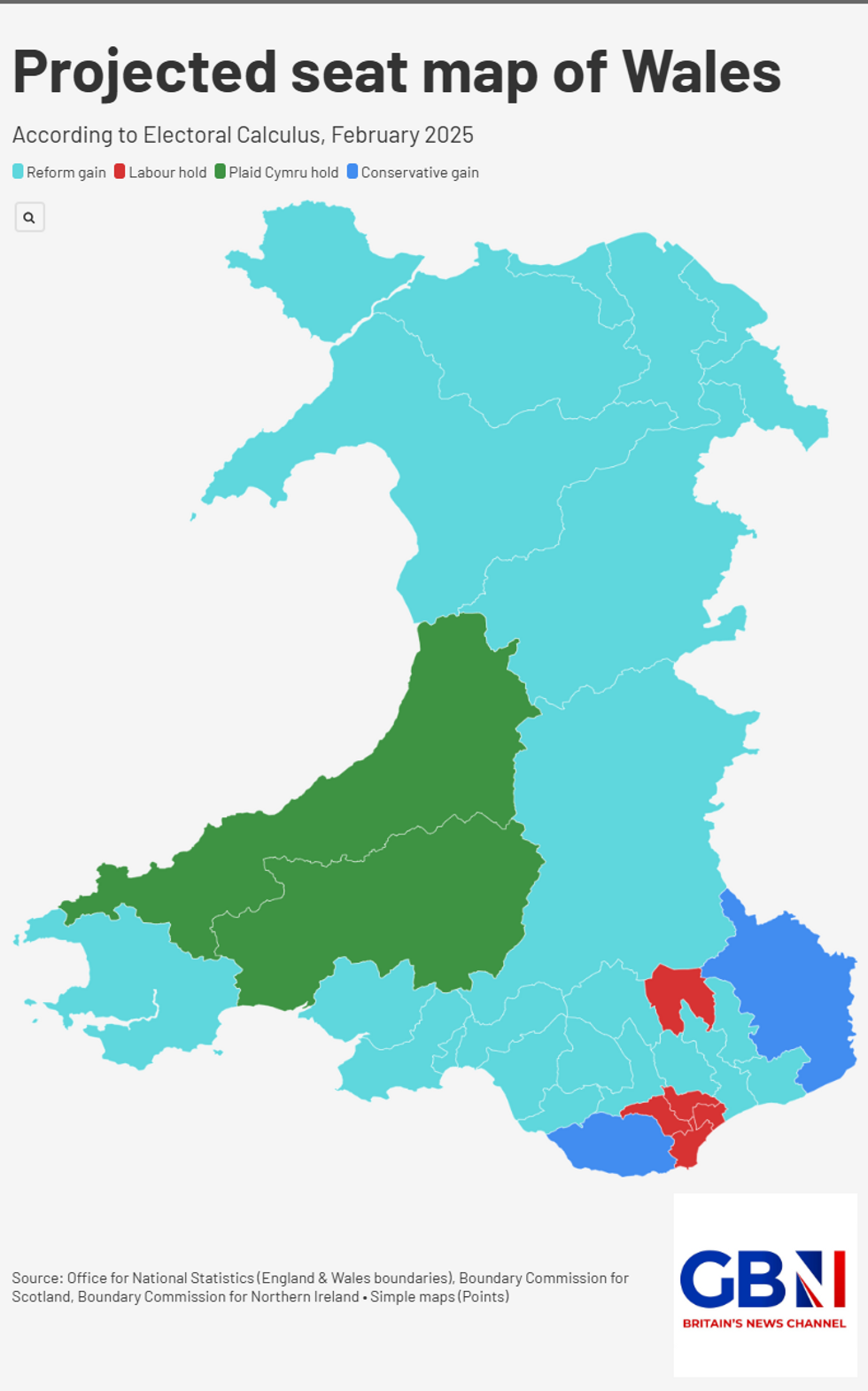 Projected seat map of Wales, Electoral Calculus February 2025