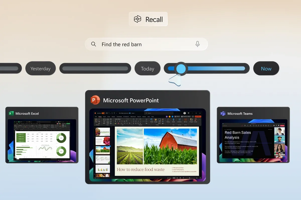 promotional image for Recall in Windows 11 showing a flurry of screenshots with the timeline searching through them looking a photo of a red barn   