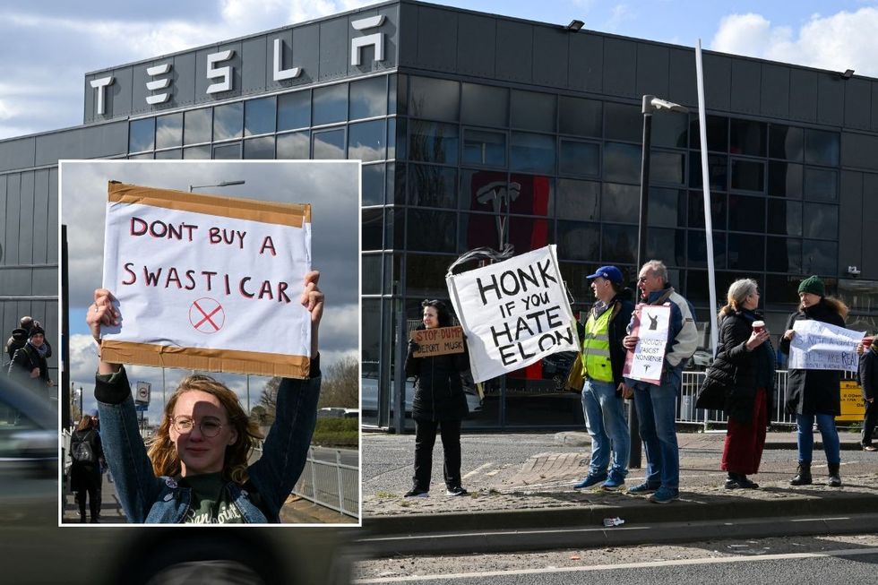 Protesters holding a 'Don't buy a swasticar' and 'Honk if you hate Elon' sign