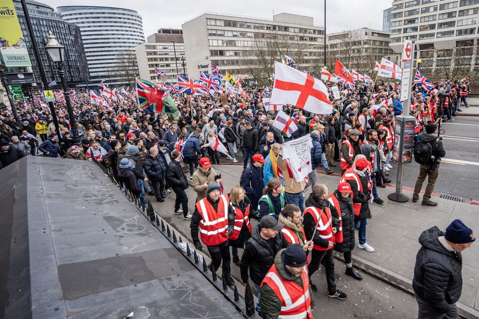 Protesters take part during the demonstration. The far right converged around Whitehall to protest against the incarceration of Tommy Robinson who has been in isolation in HMP Woodhill for over 13 weeks.