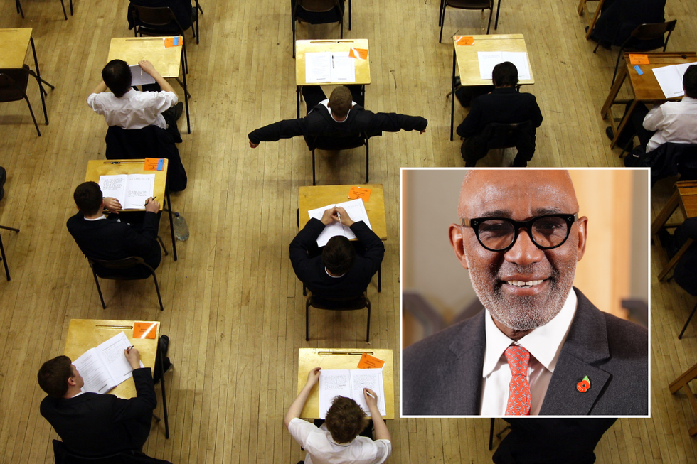 Pupils sitting a school exam. Inset image of Sir Trevor Phillips.