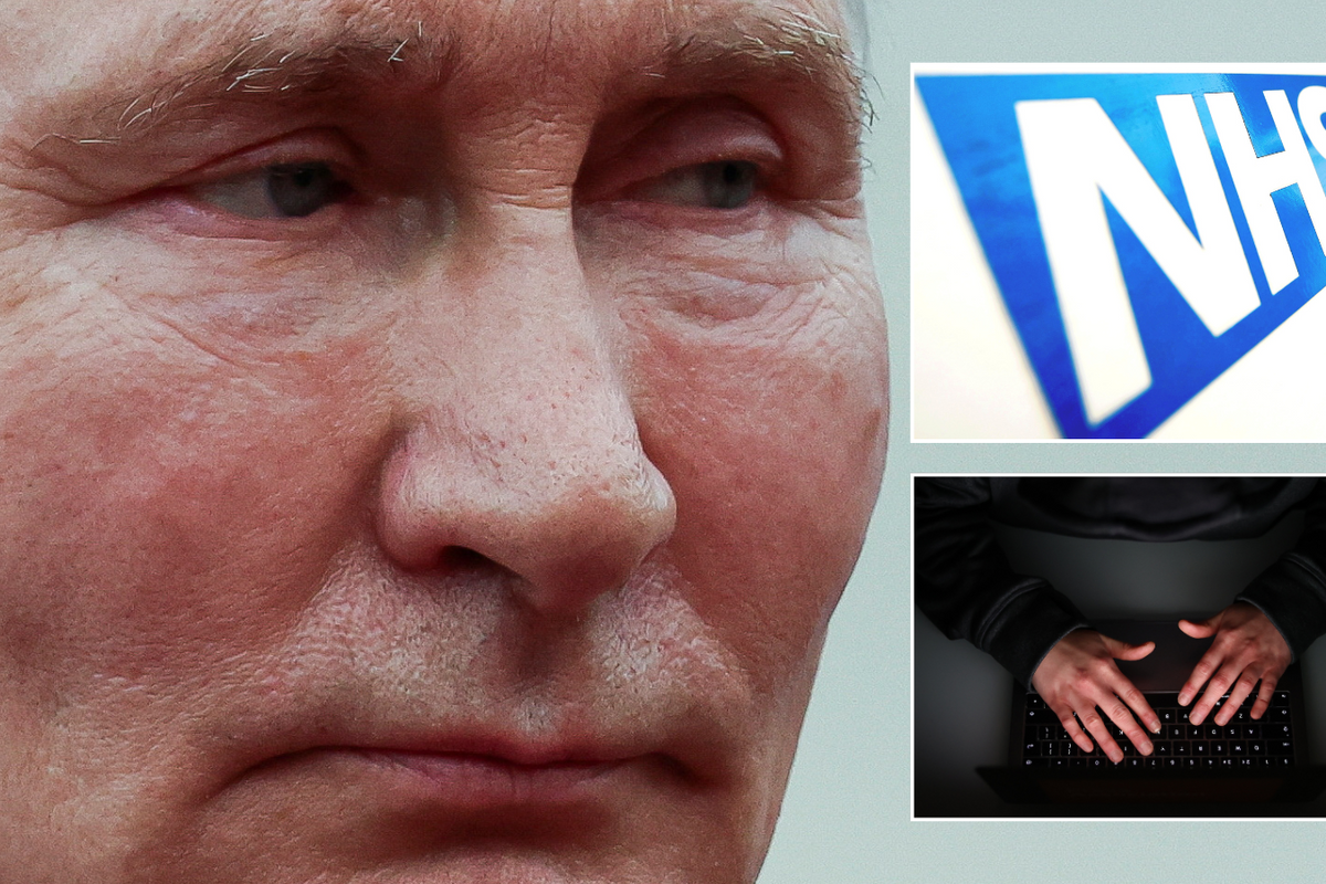 Putin/NHS logo/Hacker stock image