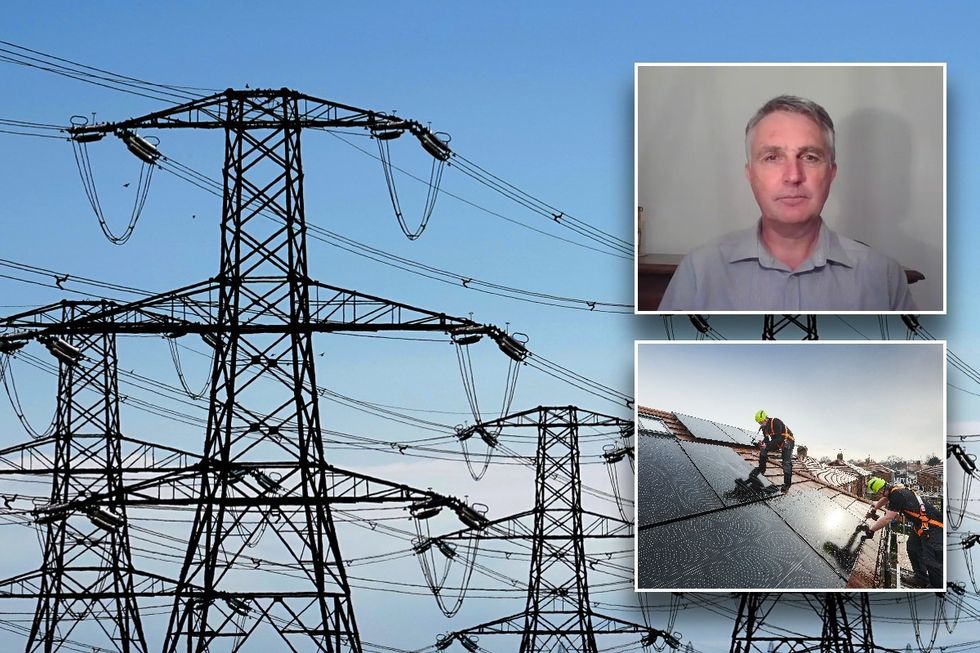 Pylons in UK, Mike Foster and Electricians installing solar panels