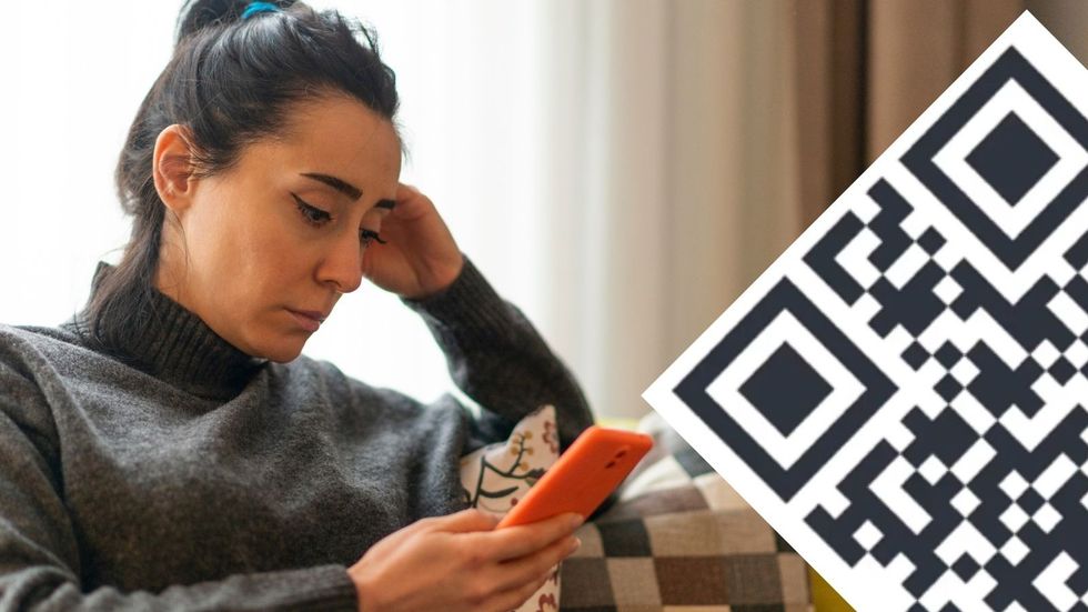 QR code in HMRC tax scam alert and person looks worried at phone