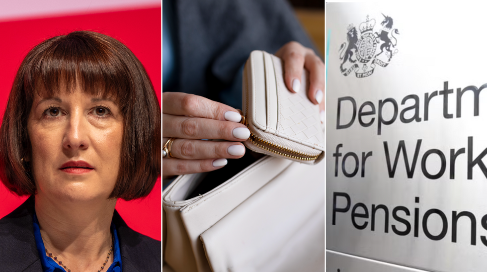 Rachel Reeves (left), woman opening her purse (middle), Department for Work and Pensions (right)