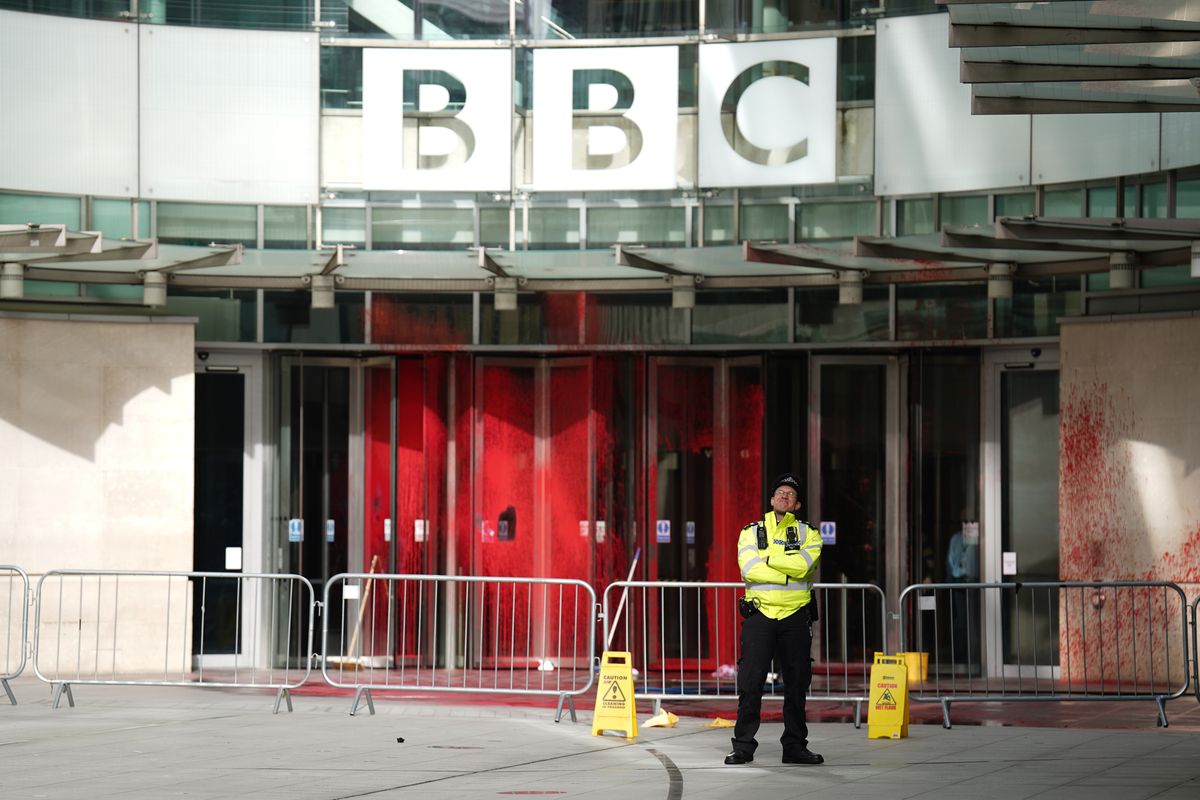 Red paint covers BBC's London headquarters