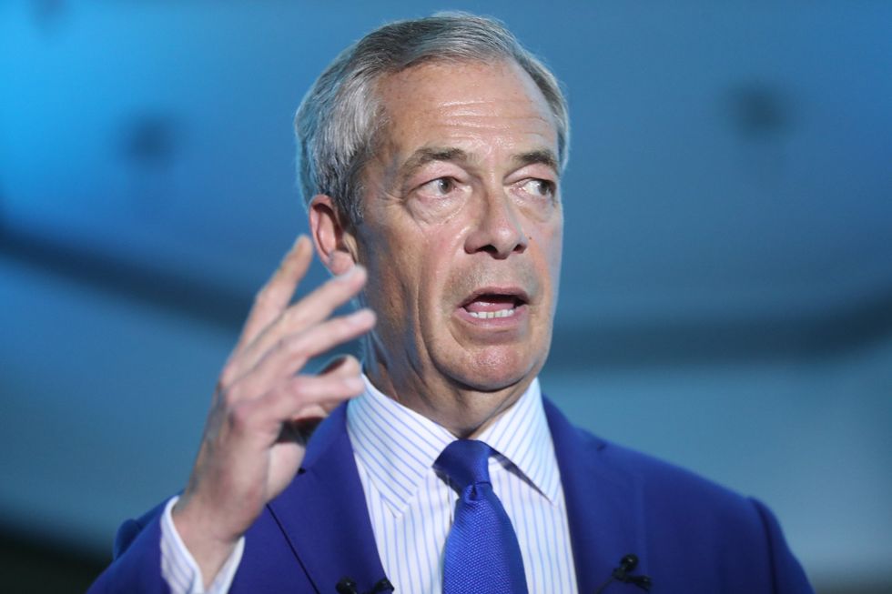 Reform UK leader Nigel Farage speaking at an event at the Imperial Hotel in Blackpool