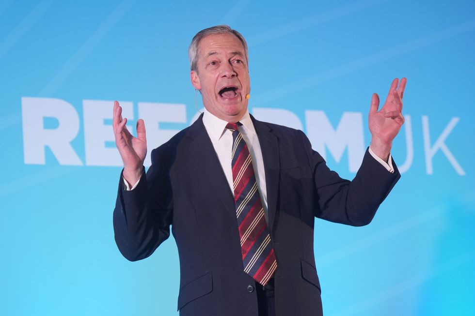 Reform UK leader Nigel Farage speaking during the Reform UK East of England conference at Chelmsford City Racecourse