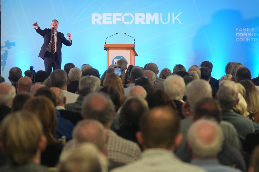 Reform UK leader Nigel Farage speaking during the Reform UK East of England conference at Chelmsford City Racecourse