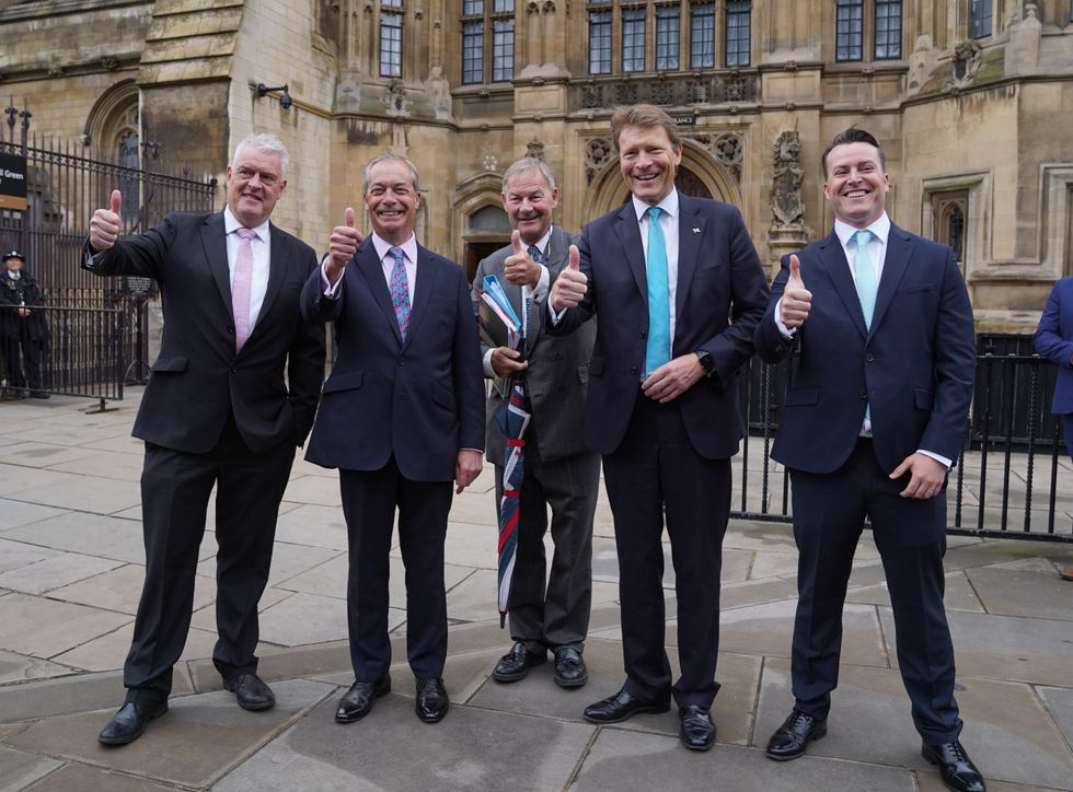 Reform UK MP, Lee Anderson, Reform UK leader, Nigel Farage, Reform UK MP, Rupert Lowe, Reform UK chairman, Richard Tice, and Reform UK MP, James McMurdock, arrive at the House of Commons in Westminster,