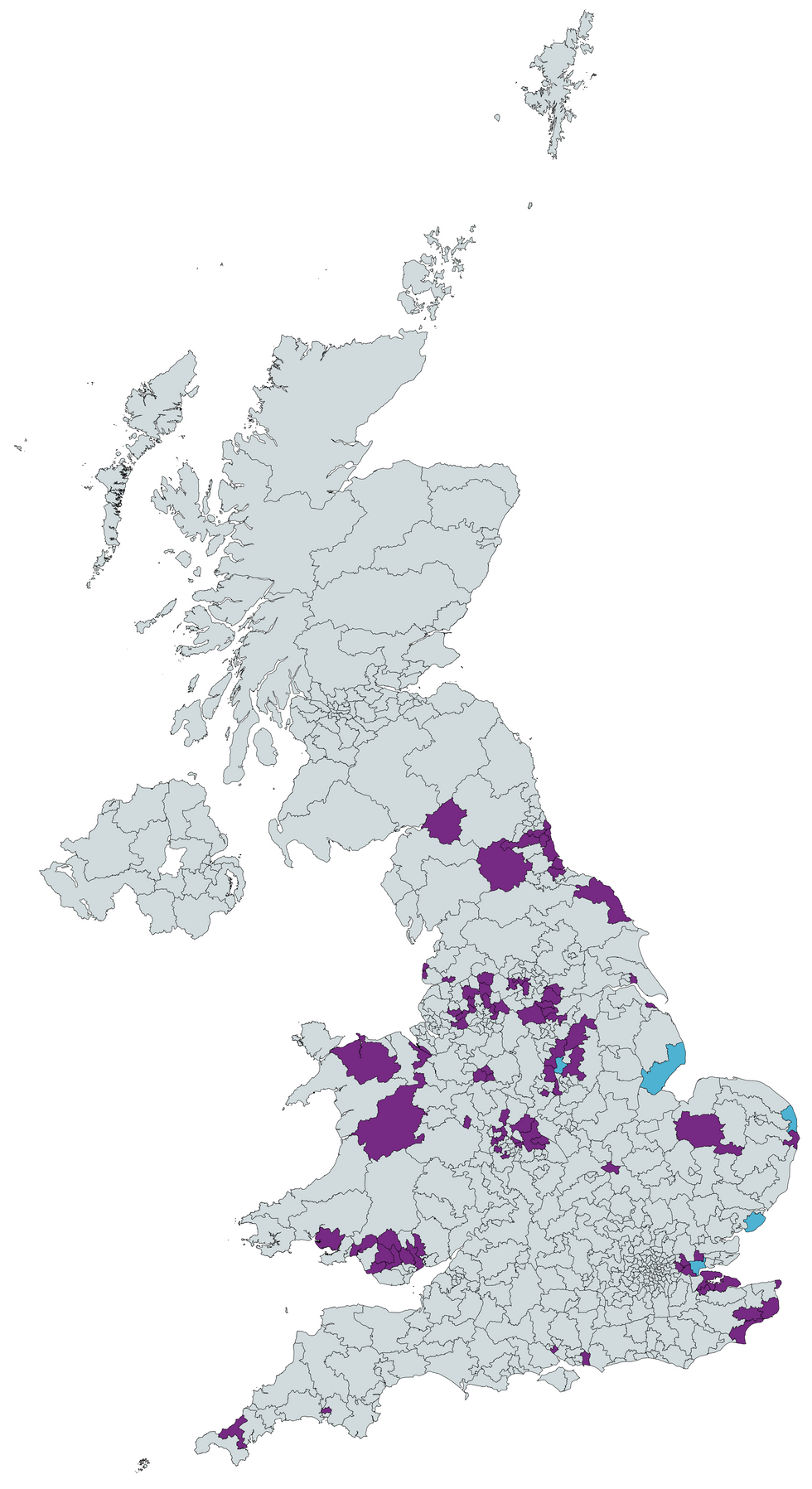 Reform UK's seats in light blue and potential gains in purple