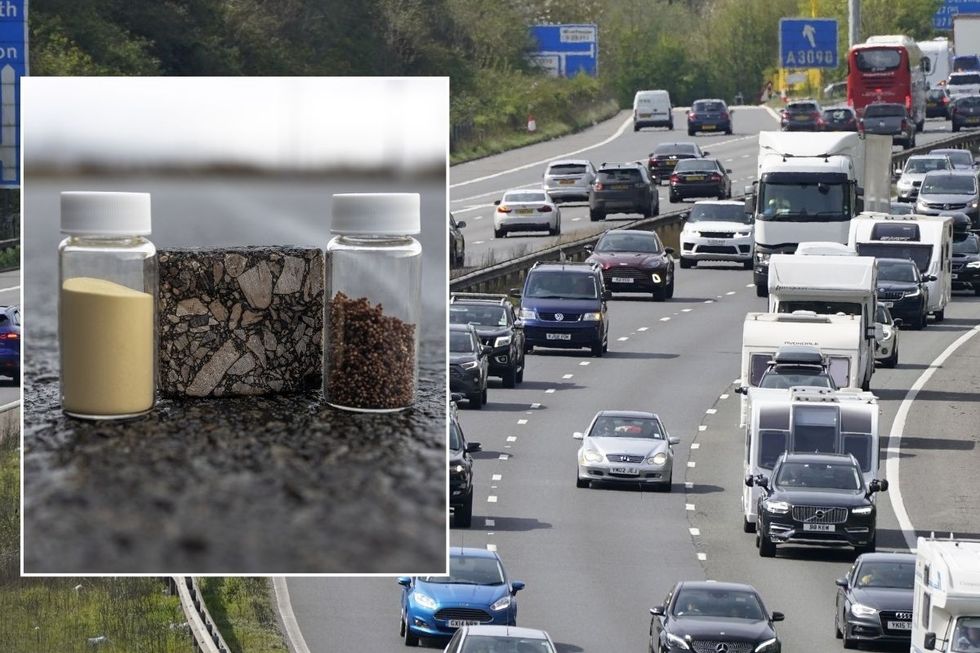 (Right), a sample of asphalt mixture. (Left) Examples of biobased spore microcapsules and waste-based capsules for self-healing asphalt.