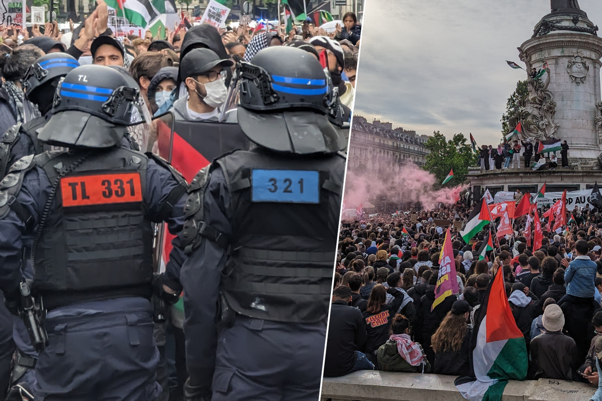 Riot police and pro-Palestine protesters in Paris/protesters on monument in Paris
