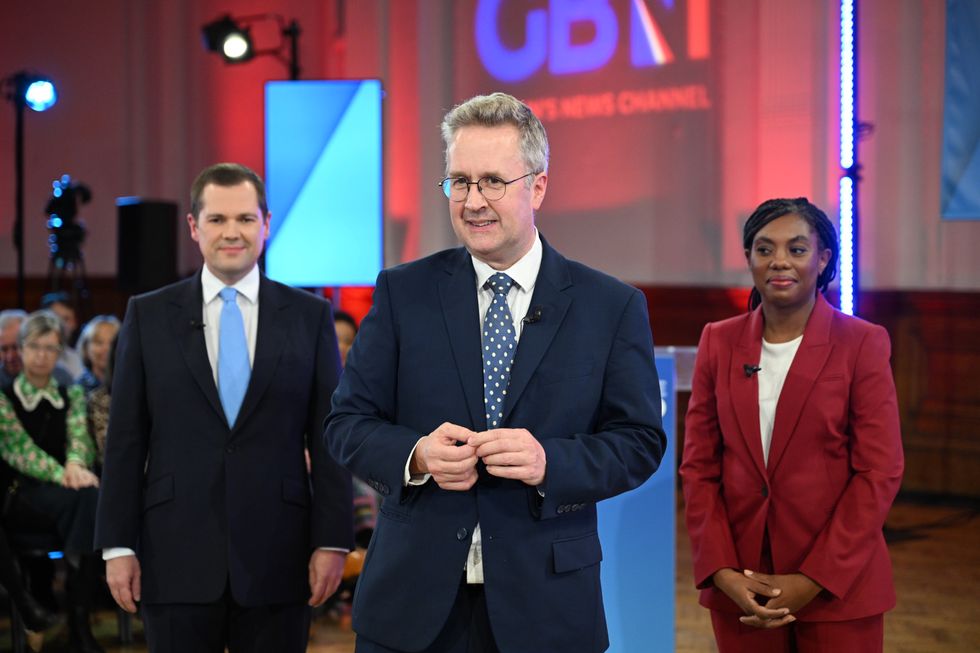 Robert Jenrick, GB News Political Editor Christopher Hope (centre), and Kemi Badenoch